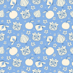 Seamless pattern with Traditional Chinese dragon, lanterns, oranges, fortune cookies, and blossoms. Lunar New Year print, Festive background, Perfect for wrapping, packaging, stationery, fabrics.