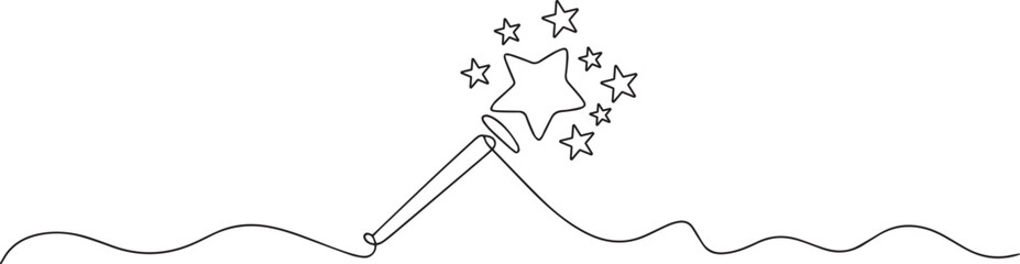 Continuous one line drawing of magic wand with star head minimal black and white vector illustration for carnival event design