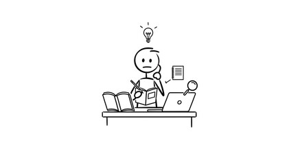 A stick figure illustration deep in thought and focus at a desk, surrounded by books, a laptop, and notes, with a bright lightbulb above their head