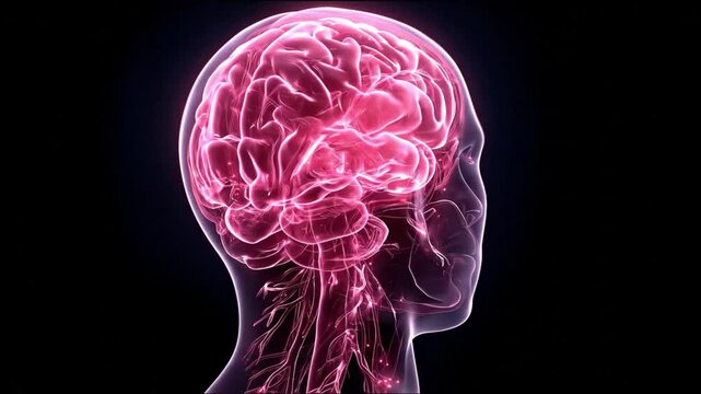 Pink translucent head showing brain vessels  facial outline on black background