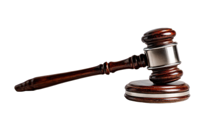 Dark Brown Wooden Gavel with Silver Band on Black Background