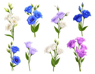 Eight bouquets of realistically rendered Eustoma flowers in various colors and arrangements against a white background