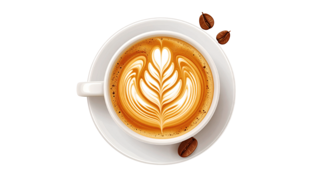 Hot brown espresso coffee, cappuccino, and latte drinks with foam art in white ceramic cups and mugs on a cafe table