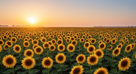 Obraz premium Vast field of sunflowers under warm sunset sky scenic view agricultural landscape