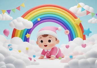 Cute 3D Baby Crawling in Cloudscape with Rainbow, Stars, and Balloons  Nursery Art