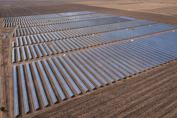 Aerial view to a solar panels in solar park near to Burgas, Bulgaria