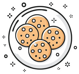 Illustration of chocolate chip cookies on a plate with stylized decorative elements