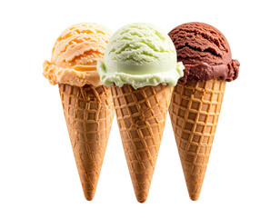 Three scoops of ice cream in waffle cones.  A light orange, light green, and dark brown ice cream scoop in each of three cones