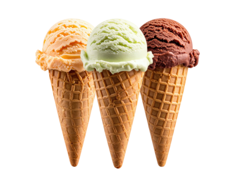 Three scoops of ice cream in waffle cones.  A light orange, light green, and dark brown ice cream scoop in each of three cones