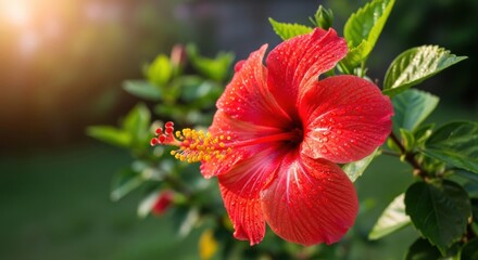 Exquisite red hibiscus blossom radiates warmth under radiant sunlight
