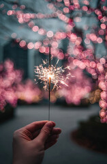 Fototapeta premium hand holding a sparkler, with pink and white lights in the background, a blurred tree of life in the background