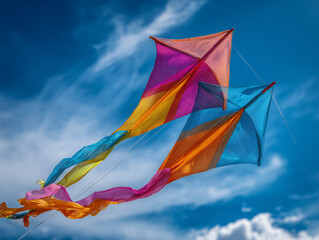 Two vibrant colorful kites soaring high in a bright blue sky with wispy clouds