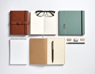Flat lay of notebooks, glasses, pen, and erasers on white background