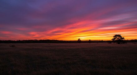 Obraz premium Vibrant sunset over a field creating dramatic sky and silhouettes suitable for various uses
