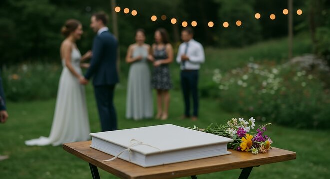 Wedding ceremony with bride groom and guests in a natural outdoor setting