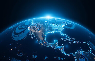 stunning photograph earth radiantly lit within vibrant network glowing blue lines casting ethereal glow
