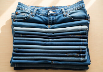 Stack of Denim Jeans Various Shades and Styles, Folded Clothes, Fashion, Wardrobe Essentials