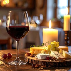 Wine, cheese, and candles on a rustic wooden table