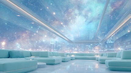 Luxury futuristic car lounge blurred transparent ceiling with cosmic galaxy view