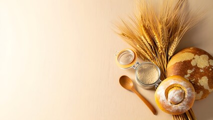 Fototapeta premium Still life of bread wheat and flour on a beige background with space for text here