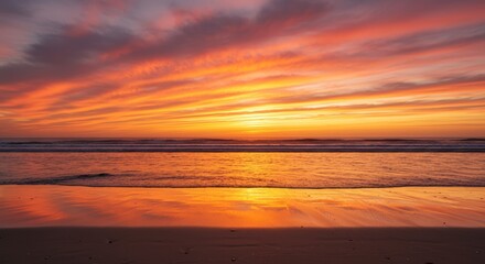 Vibrant sunset over tranquil water reflecting radiant orange and gold colors with cloudy sky