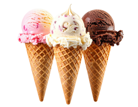 Three ice cream cones with scoops of assorted flavors