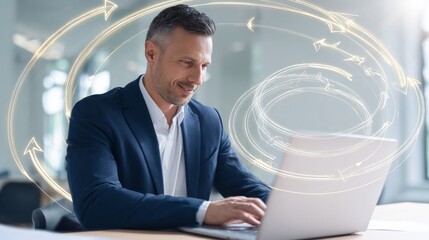 Caucasian businessman in navy suit working on laptop amidst decision making cycle illustrations