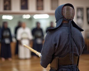 Kendo practitioner in protective gear, focused on training