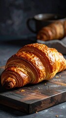 Golden croissant on rustic wooden board, coffee cup out of focus