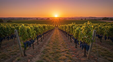 Fototapeta premium Vineyard rows at sunset with rows of grape vines and golden sunlight over the fields during the harvest season