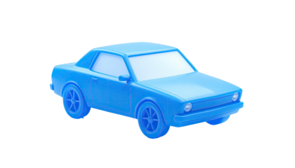 A 3D rendering of a light blue, simplified, classic-style coupe on a dark background