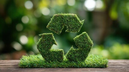 Green recycling symbol made of grass on a wooden surface. The background features blurred greenery, emphasizing sustainability and environmental awareness.