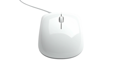 Bright white computer mouse with cable against a stark black background