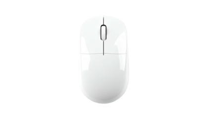 A glossy, ergonomic white computer mouse with a scroll wheel, centered, on a dark background