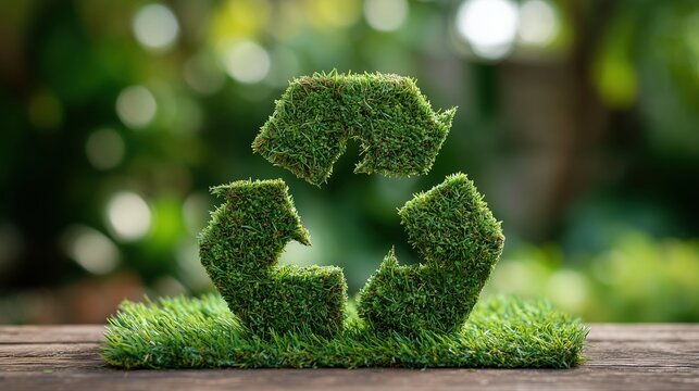 Green recycling symbol made of grass on a wooden surface. The background features blurred greenery, emphasizing sustainability and environmental awareness.