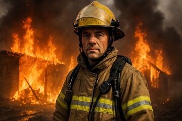 Naklejka premium Brave firefighter battles blaze.