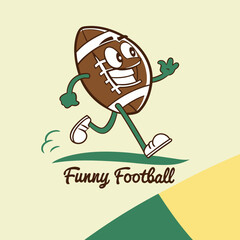 Funny cartoon American football ball character running vector illustration