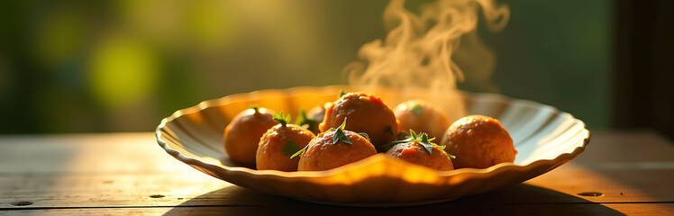 steaming hot plate traditional bihari delicacies rests upon delicate leaf plate bathed warm golden light