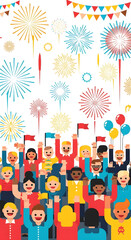 Crowd Celebrating with Fireworks and Bunting.