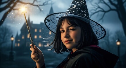 Halloween magic! A young witch casts a spell with her wand, perfect for spooky season designs, children's books, and fantasy themes. Celebratory, enchanting. 