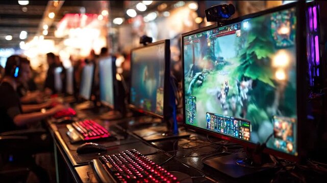 Row of gamers at computers with glowing keyboards at an event