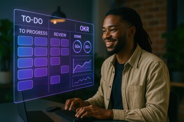 Optimizing workflows professional growth strategies modern office digital dashboard collaborative environment engaging viewpoint productivity enhancement