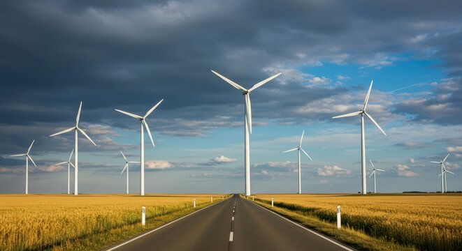 Wind turbines generate renewable energy alongside a road under a dynamic cloudy sky ideal for environmental concepts