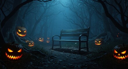 Spooky Halloween forest night with glowing Jack-o'-lanterns, an eerie bench on a dark path, and mysterious atmosphere.