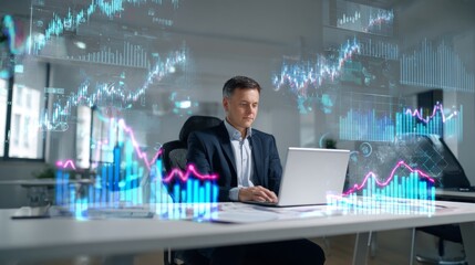 Caucasian investor in formal suit analyzing diversification strategy in modern office setting