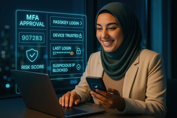 Cybersecurity action mfa approval process for trusted devices modern office environment digital security content professional viewpoint