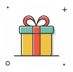 Stylized gift box with red ribbon and bow on a white background with graphic elements