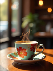 steaming espresso pours vintage ceramic cup swirling floral design set warm sunny café background