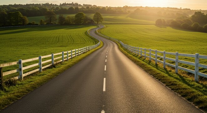Winding asphalt road leading towards sunlit horizon amidst green fields and white fence in natural setting