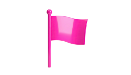 A 3D rendered, glossy pink flag on a pole, isolated against a stark black background
